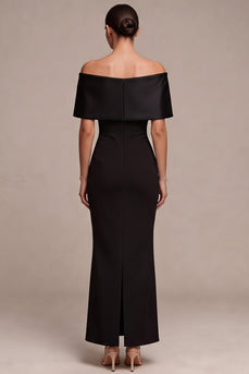 Simple Black Sheath Off the Shoulder Long Formal Dress with Bow