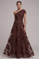 Load image into Gallery viewer, Floral Coffee A Line Ruched One Shoulder Long Formal Dress