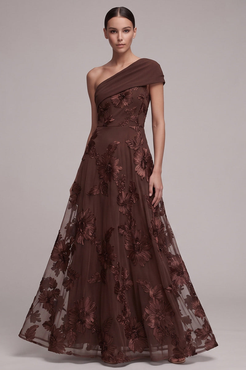 Load image into Gallery viewer, Floral Coffee A Line Ruched One Shoulder Long Formal Dress