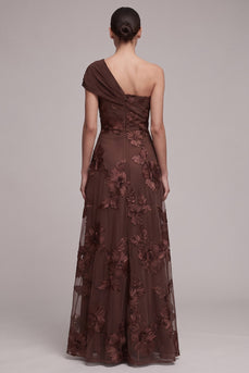 Floral Coffee A Line Ruched One Shoulder Long Formal Dress
