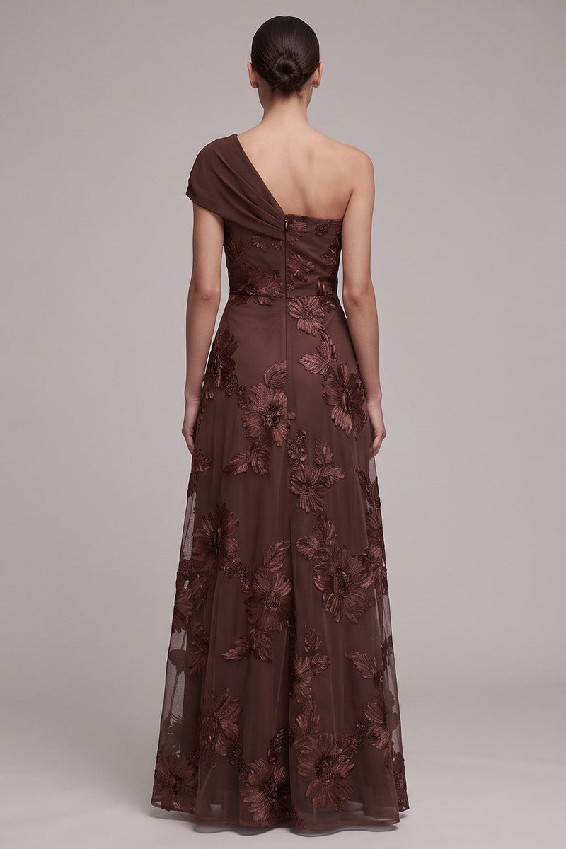 Load image into Gallery viewer, Floral Coffee A Line Ruched One Shoulder Long Formal Dress