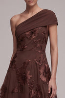 Load image into Gallery viewer, Floral Coffee A Line Ruched One Shoulder Long Formal Dress
