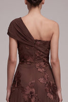 Load image into Gallery viewer, Floral Coffee A Line Ruched One Shoulder Long Formal Dress