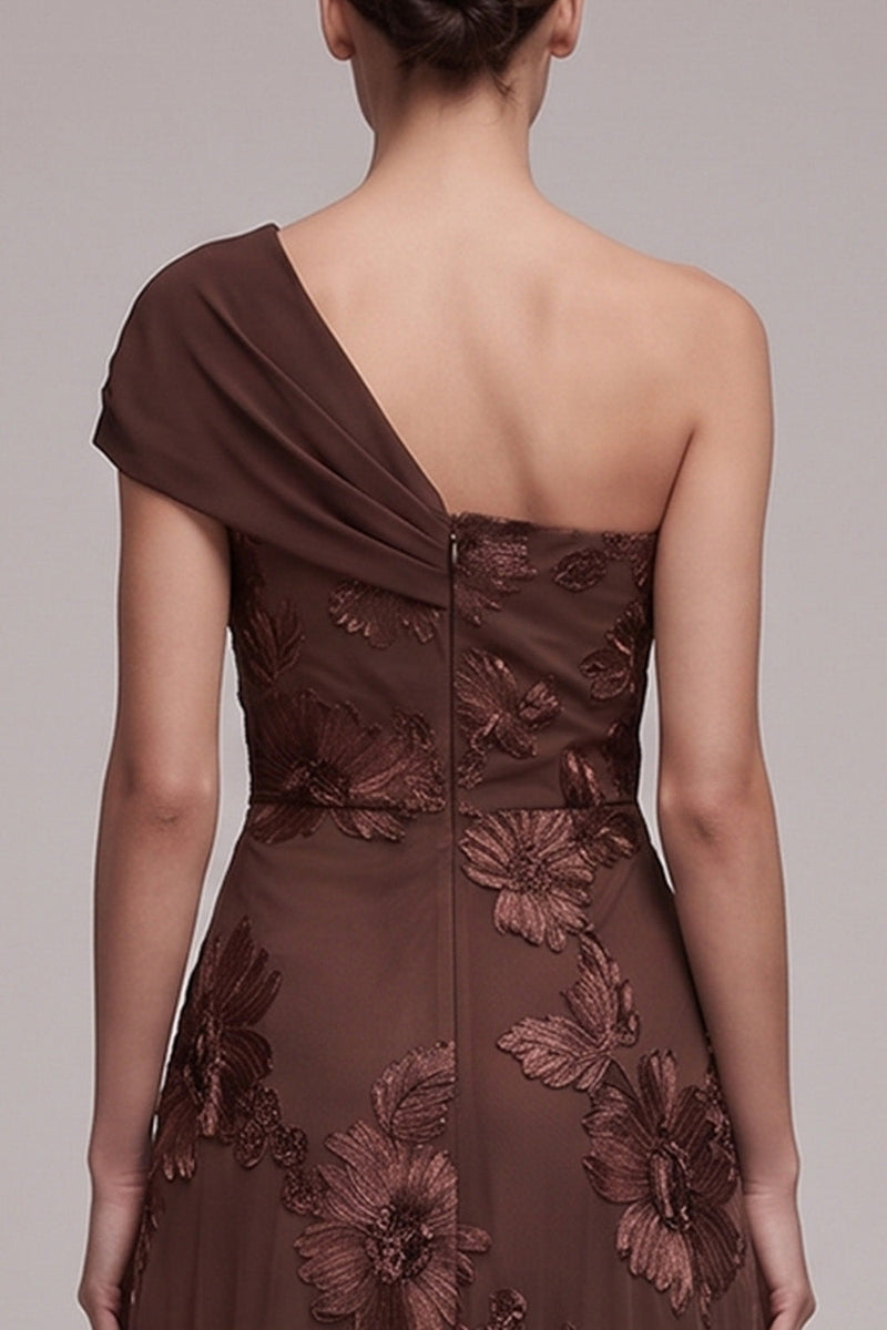 Load image into Gallery viewer, Floral Coffee A Line Ruched One Shoulder Long Formal Dress