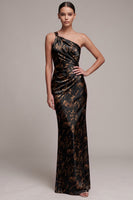 Load image into Gallery viewer, Floral Black Sheath Ruched One Shoulder Satin Long Formal Dress