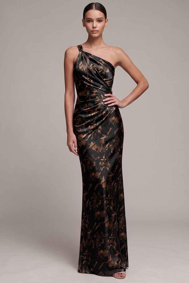 Load image into Gallery viewer, Floral Black Sheath Ruched One Shoulder Satin Long Formal Dress