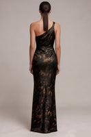 Load image into Gallery viewer, Floral Black Sheath Ruched One Shoulder Satin Long Formal Dress