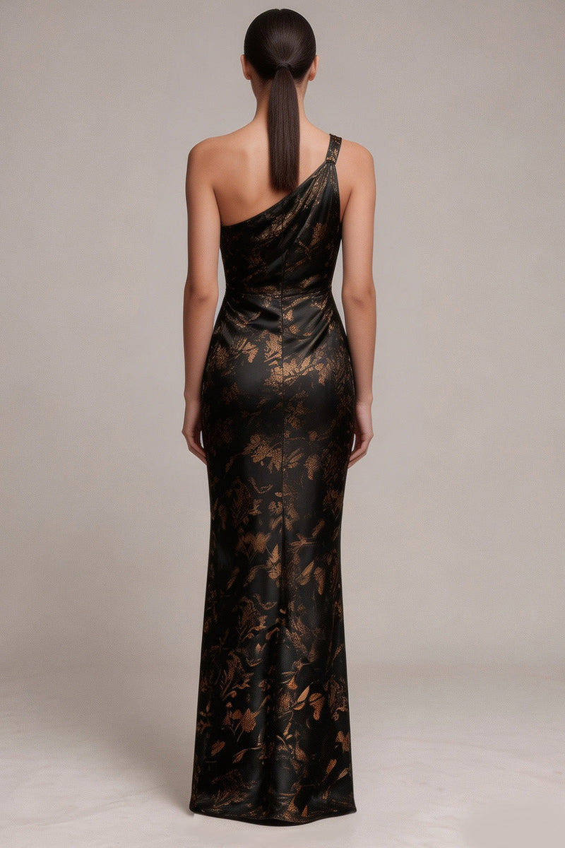 Load image into Gallery viewer, Floral Black Sheath Ruched One Shoulder Satin Long Formal Dress