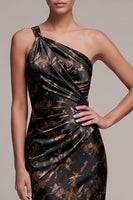 Load image into Gallery viewer, Floral Black Sheath Ruched One Shoulder Satin Long Formal Dress