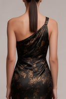 Load image into Gallery viewer, Floral Black Sheath Ruched One Shoulder Satin Long Formal Dress