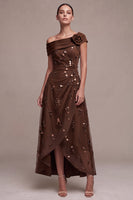 Load image into Gallery viewer, Sparkly Coffee A Line Ruched Beaded Sequin High-Low Formal Dress with 3D Flower