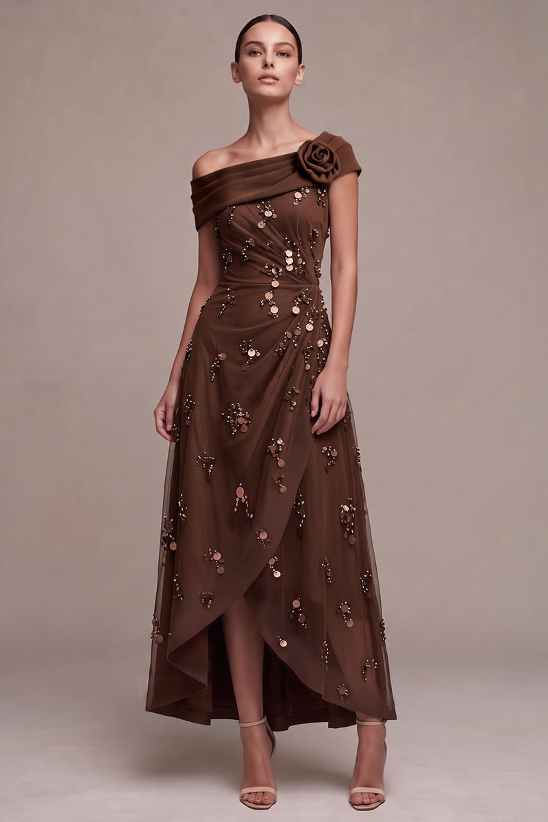 Load image into Gallery viewer, Sparkly Coffee A Line Ruched Beaded Sequin High-Low Formal Dress with 3D Flower