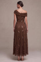 Load image into Gallery viewer, Sparkly Coffee A Line Ruched Beaded Sequin High-Low Formal Dress with 3D Flower