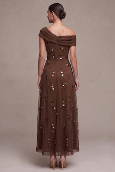 Sparkly Coffee A Line Ruched Beaded Sequin High-Low Formal Dress with 3D Flower
