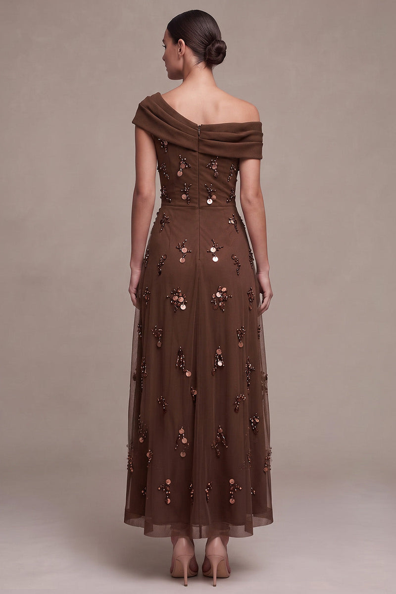 Load image into Gallery viewer, Sparkly Coffee A Line Ruched Beaded Sequin High-Low Formal Dress with 3D Flower