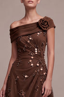 Load image into Gallery viewer, Sparkly Coffee A Line Ruched Beaded Sequin High-Low Formal Dress with 3D Flower