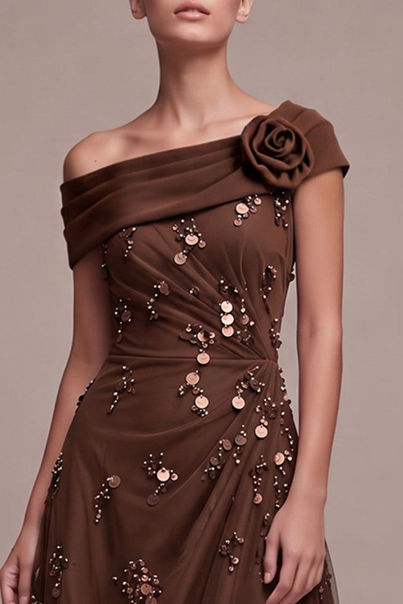 Load image into Gallery viewer, Sparkly Coffee A Line Ruched Beaded Sequin High-Low Formal Dress with 3D Flower