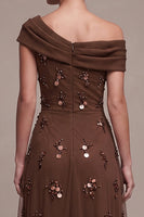 Load image into Gallery viewer, Sparkly Coffee A Line Ruched Beaded Sequin High-Low Formal Dress with 3D Flower