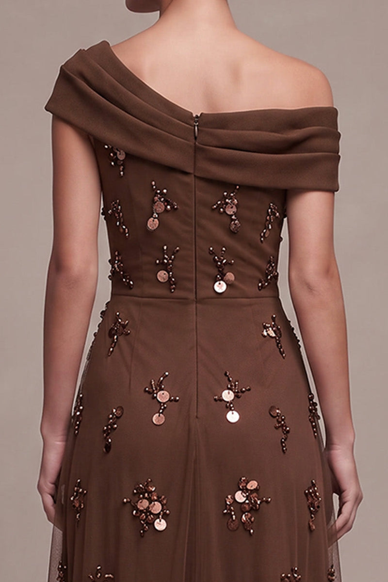 Load image into Gallery viewer, Sparkly Coffee A Line Ruched Beaded Sequin High-Low Formal Dress with 3D Flower