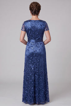 Sparkly Royal Blue A Line Ruched Floral Long Mother of the Bride Dress with Sequins