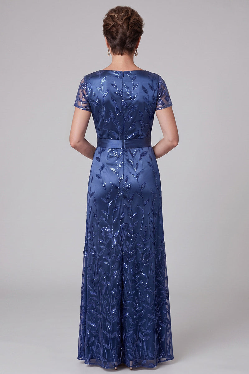 Load image into Gallery viewer, Sparkly Royal Blue A Line Ruched Floral Long Mother of the Bride Dress with Sequins