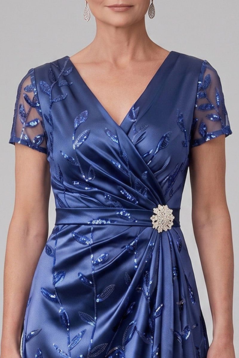 Load image into Gallery viewer, Sparkly Royal Blue A Line Ruched Floral Long Mother of the Bride Dress with Sequins