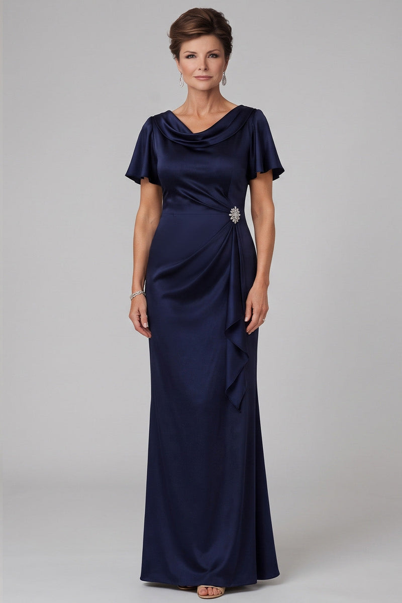 Load image into Gallery viewer, Mermaid Navy Ruffled Ruched Satin Long Mother of the Bride Dress with Rhinestones
