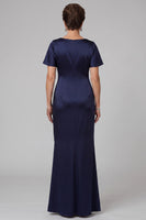 Load image into Gallery viewer, Mermaid Navy Ruffled Ruched Satin Long Mother of the Bride Dress with Rhinestones