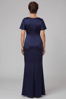 Mermaid Navy Ruffled Ruched Satin Long Mother of the Bride Dress with Rhinestones
