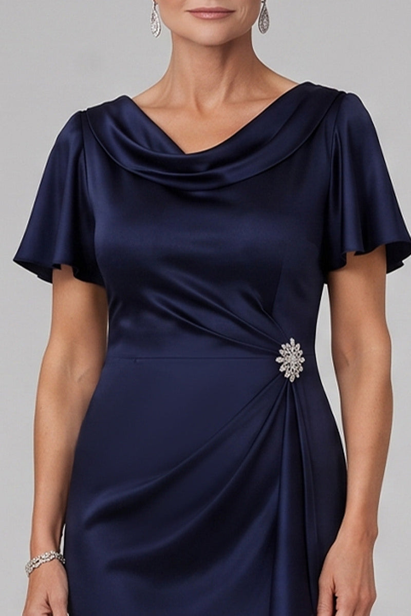 Load image into Gallery viewer, Mermaid Navy Ruffled Ruched Satin Long Mother of the Bride Dress with Rhinestones