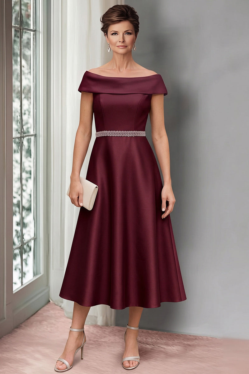 Load image into Gallery viewer, A Line Burgundy Sparkly Satin Off the Shoulder Midi Mother of the Bride Dress with Beading