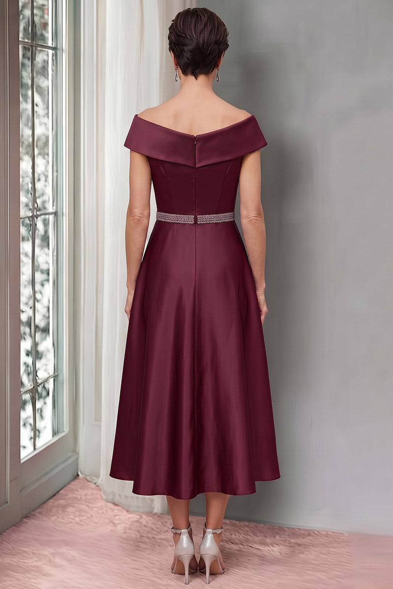 Load image into Gallery viewer, A Line Burgundy Sparkly Satin Off the Shoulder Midi Mother of the Bride Dress with Beading