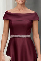 Load image into Gallery viewer, A Line Burgundy Sparkly Satin Off the Shoulder Midi Mother of the Bride Dress with Beading