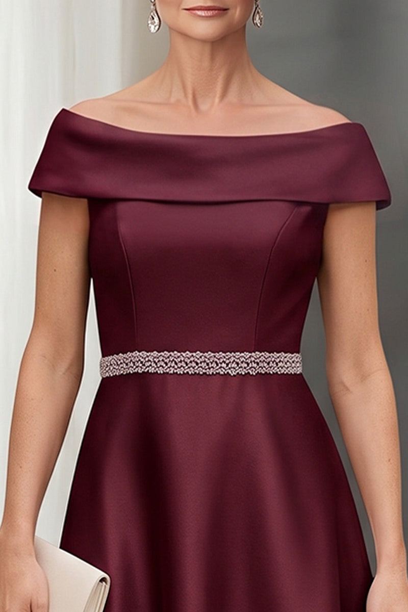 Load image into Gallery viewer, A Line Burgundy Sparkly Satin Off the Shoulder Midi Mother of the Bride Dress with Beading