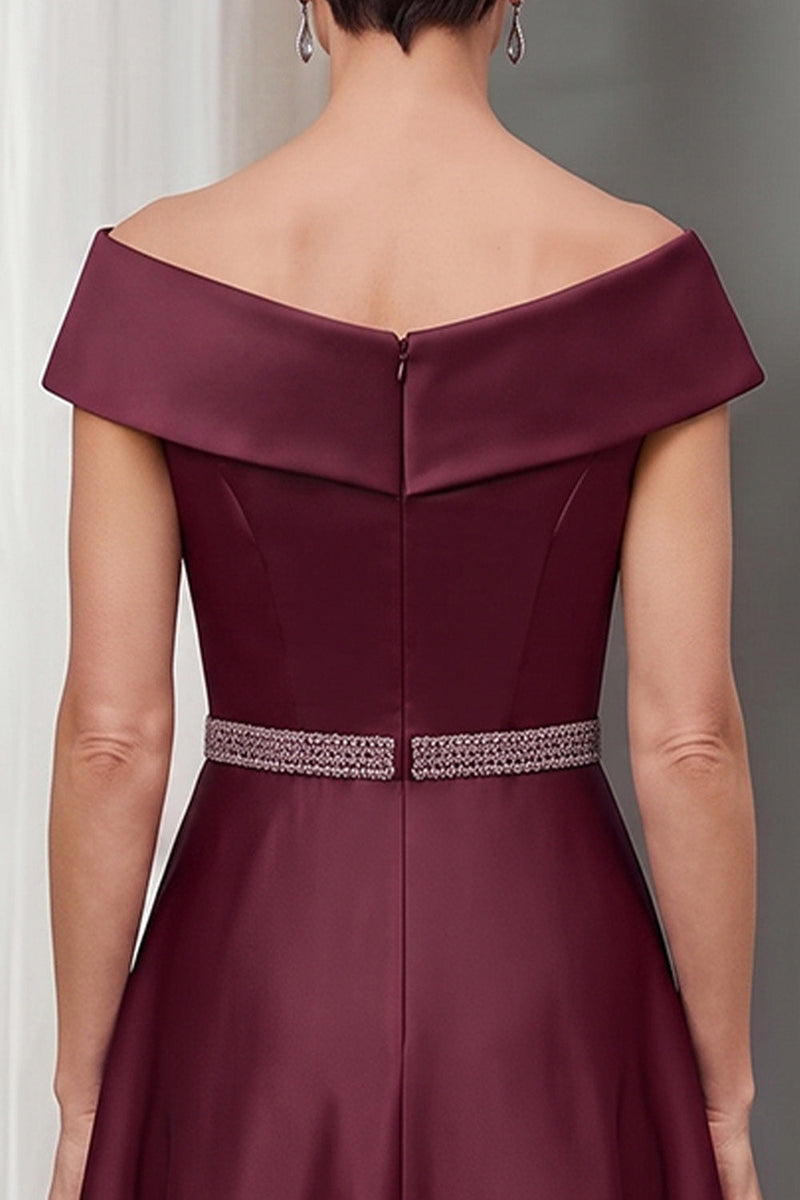 Load image into Gallery viewer, A Line Burgundy Sparkly Satin Off the Shoulder Midi Mother of the Bride Dress with Beading