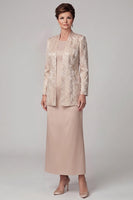 Load image into Gallery viewer, Sheath Champagne Floral Satin Two Piece Long Mother of the Bride Dress with Slit