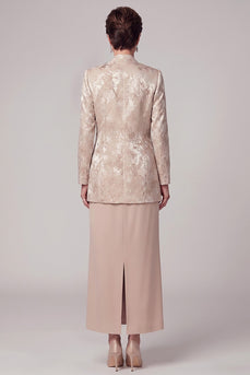 Sheath Champagne Floral Satin Two Piece Long Mother of the Bride Dress with Slit