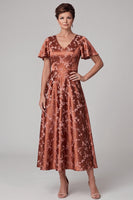 Load image into Gallery viewer, Satin Reddish Brown A Line Floral V-Neck Flutter Sleeves Midi Mother of the Bride Dress