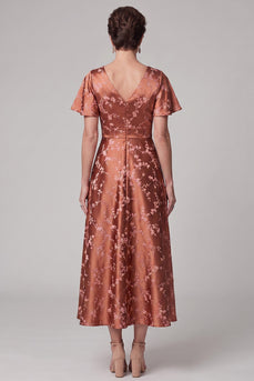 Satin Reddish Brown A Line Floral V-Neck Flutter Sleeves Midi Mother of the Bride Dress