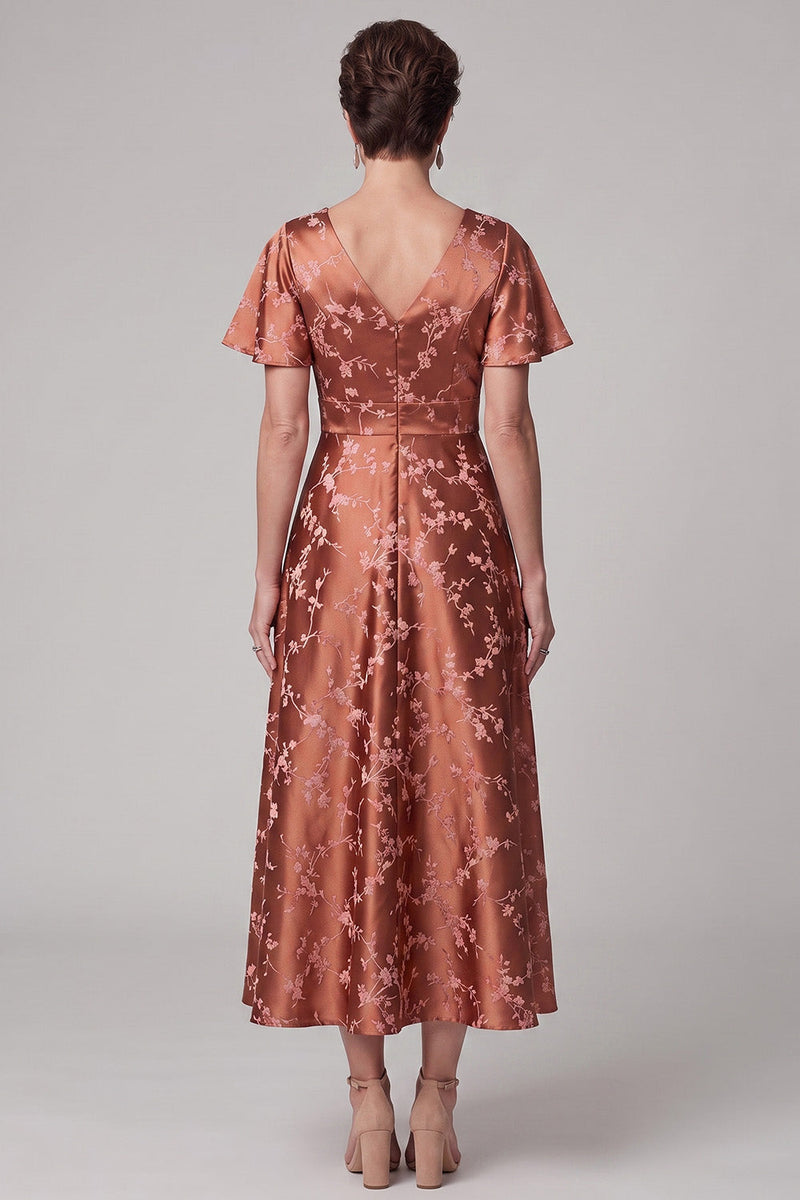 Load image into Gallery viewer, Satin Reddish Brown A Line Floral V-Neck Flutter Sleeves Midi Mother of the Bride Dress