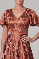 Load image into Gallery viewer, Satin Reddish Brown A Line Floral V-Neck Flutter Sleeves Midi Mother of the Bride Dress