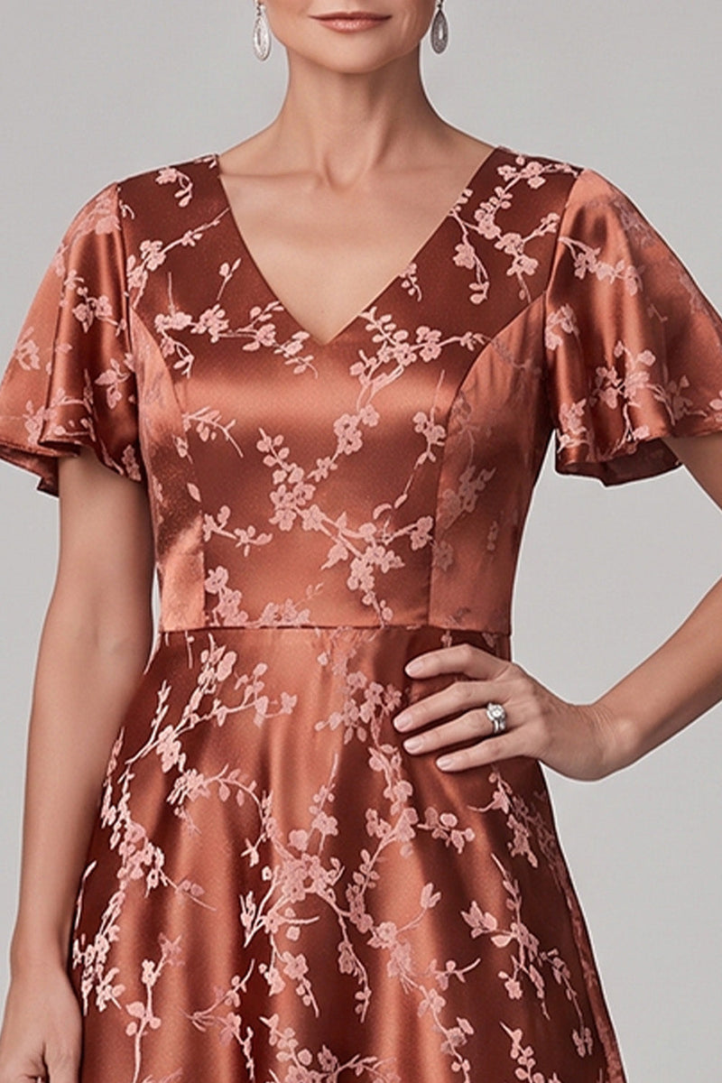 Load image into Gallery viewer, Satin Reddish Brown A Line Floral V-Neck Flutter Sleeves Midi Mother of the Bride Dress