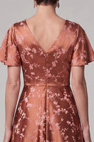 Load image into Gallery viewer, Satin Reddish Brown A Line Floral V-Neck Flutter Sleeves Midi Mother of the Bride Dress