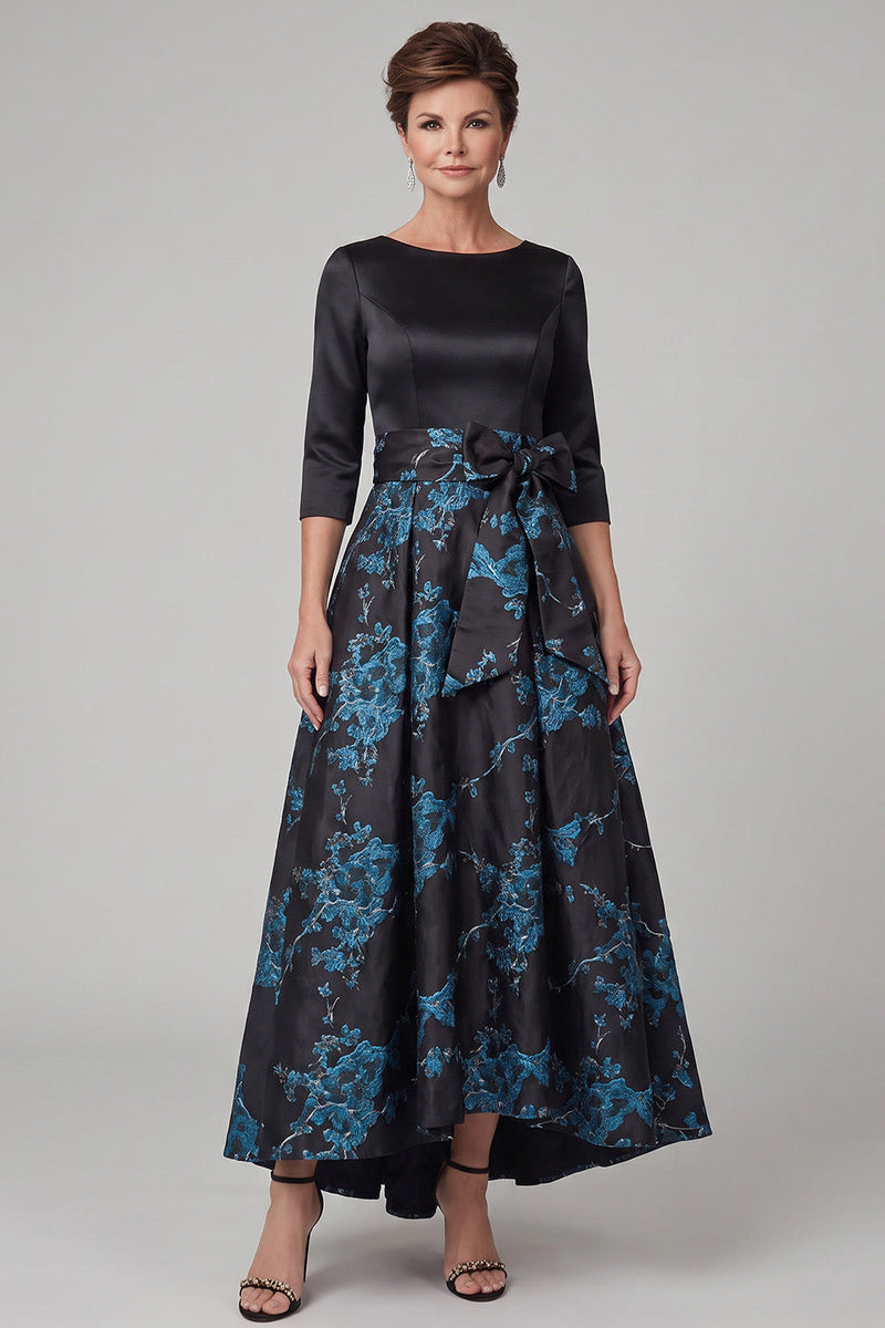Load image into Gallery viewer, Floral Black Satin A Line Boat Neck High-Low Mother of the Bride Dress with Bow