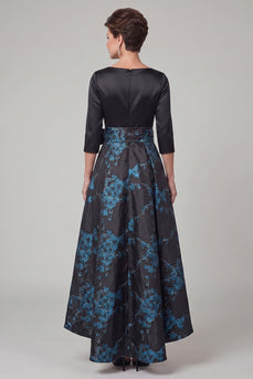 Floral Black Satin A Line Boat Neck High-Low Mother of the Bride Dress with Bow