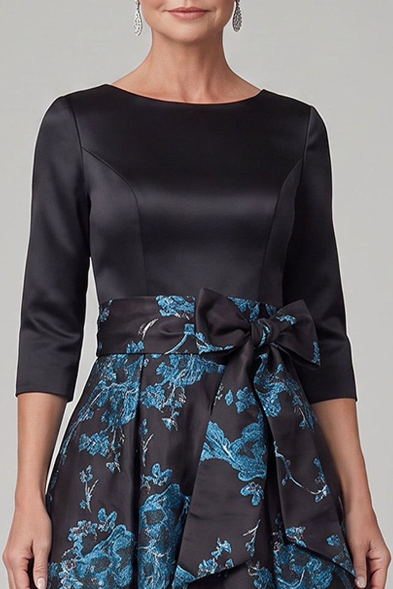 Load image into Gallery viewer, Floral Black Satin A Line Boat Neck High-Low Mother of the Bride Dress with Bow