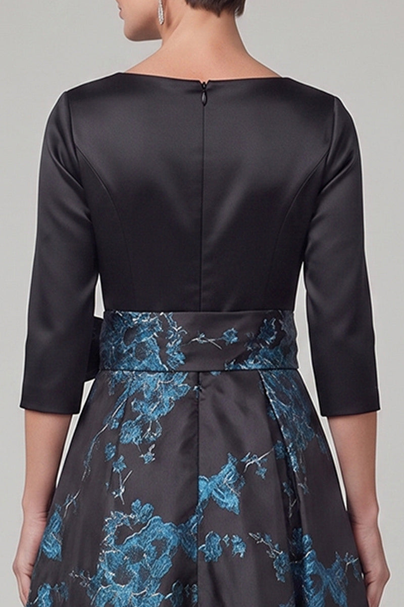 Load image into Gallery viewer, Floral Black Satin A Line Boat Neck High-Low Mother of the Bride Dress with Bow