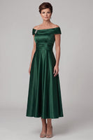Load image into Gallery viewer, Satin Dark Green Sparkly Ruched A Line Midi Mother of the Bride Dress with Rhinestone