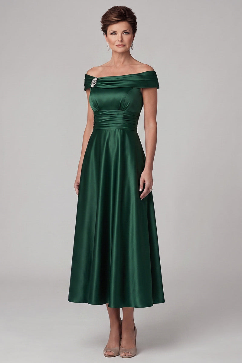 Load image into Gallery viewer, Satin Dark Green Sparkly Ruched A Line Midi Mother of the Bride Dress with Rhinestone