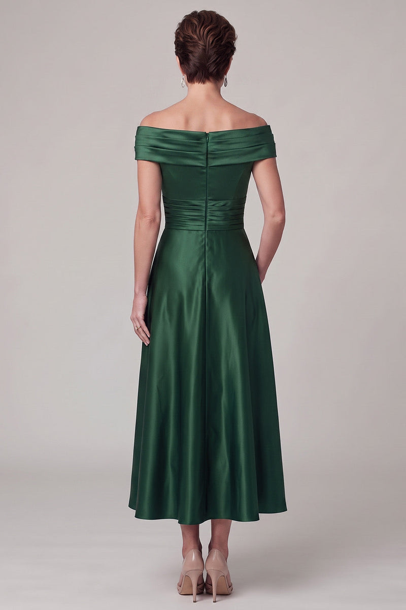 Load image into Gallery viewer, Satin Dark Green Sparkly Ruched A Line Midi Mother of the Bride Dress with Rhinestone